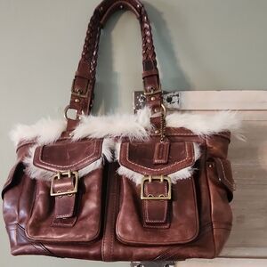 Coach Brown Leather Shoulder Bag with Faux Fur